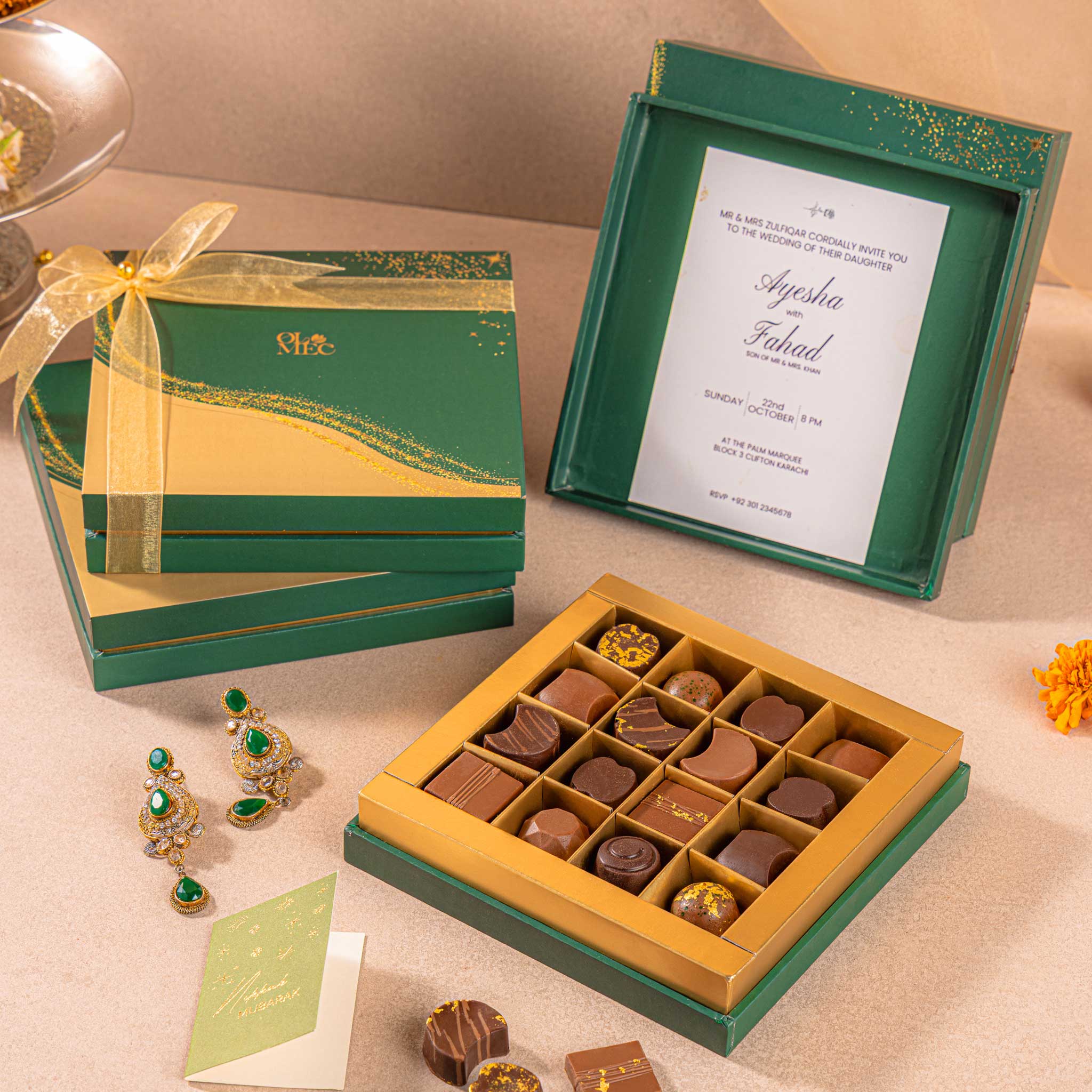 Sitaray Invite green and gold chocolate box with assorted treats